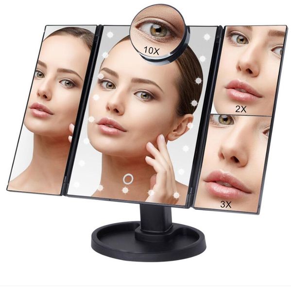 22 lumières LED tactile Table Miroir de maquillage écran Make Up 1X2X3X / 10X Miroir grossissant écran loupe Vanity 3 Folding conduit