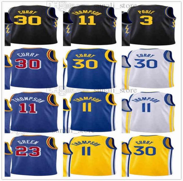 22 Hommes Femmes Enfants Jeunes Stephen Jerseys Klay 30 Curry Basketball Thompson 11 Draymond 23 Vert 3 Poole City Noir Marine Jaune Blu7615730