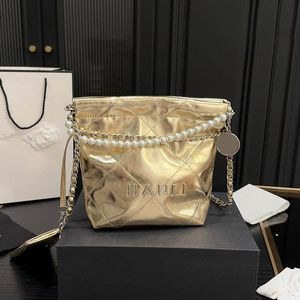 22 Mini Sac à ordures Femmes Sac à bandoulière Designer 24 cm Gold et cuir argenté STRAPE DE CHAPLE MATELASS