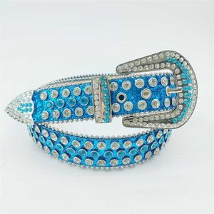 22% de descuento Diseñador de cinturones Nueva bola azul brillante tachonada con diamantes Cinturón de pantalones de niña picante de cuero con lentejuelas para mujer
