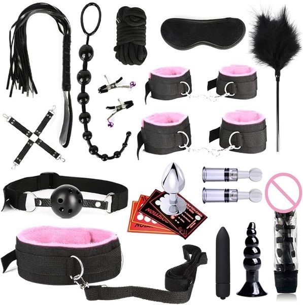 22 pièces kit sm bondage sets kits de retenue pour les femmes et les couples retenus de lit sexe toys bdsm pour adultes poingles de mamelon palettes de palette de fessée (rose)