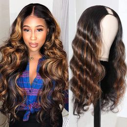 22 "U Partie Perruque de Cheveux Humains Vague de Corps Ombre Highlinght 4/27 Couleur Demi-Perruque De Cheveux Humains Pour Les Femmes Noires 150 Densité Clip En Une pièce