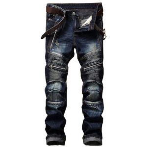 22 stijlen Mens Jeans Effen Kleuren Motorfiets Jeans Slim Fit Folds Hole Lange Denim Broek Hip Hop Broek Potlood Broek voor Mannelijk