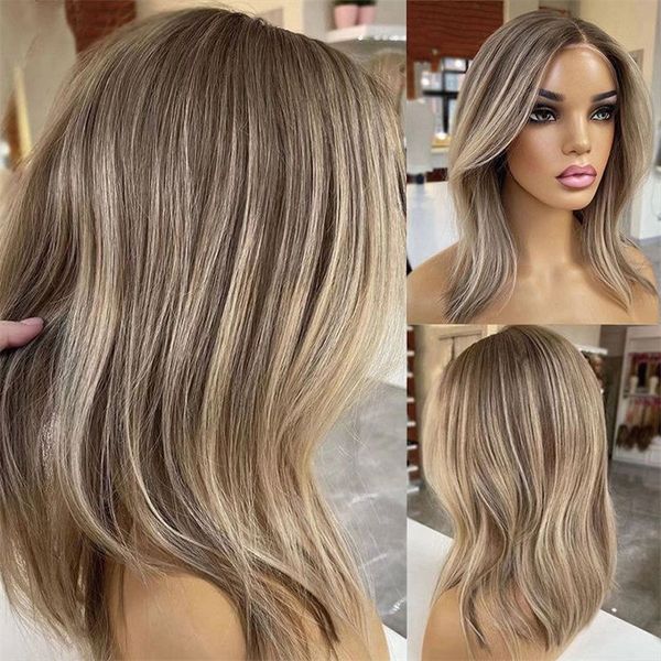 Perruque Lace Front Wig naturelle Blonde, cheveux humains, reflets, HD, 13x6, racines foncées, courte, bon marché, densité 220%