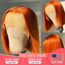 220% de densité Ginger Brown Lace Front Wig Bone Straight Lace Front Wig Raw Indian Human Hair Orange Ginger Lace Frontal Wig Short Bob Wigs