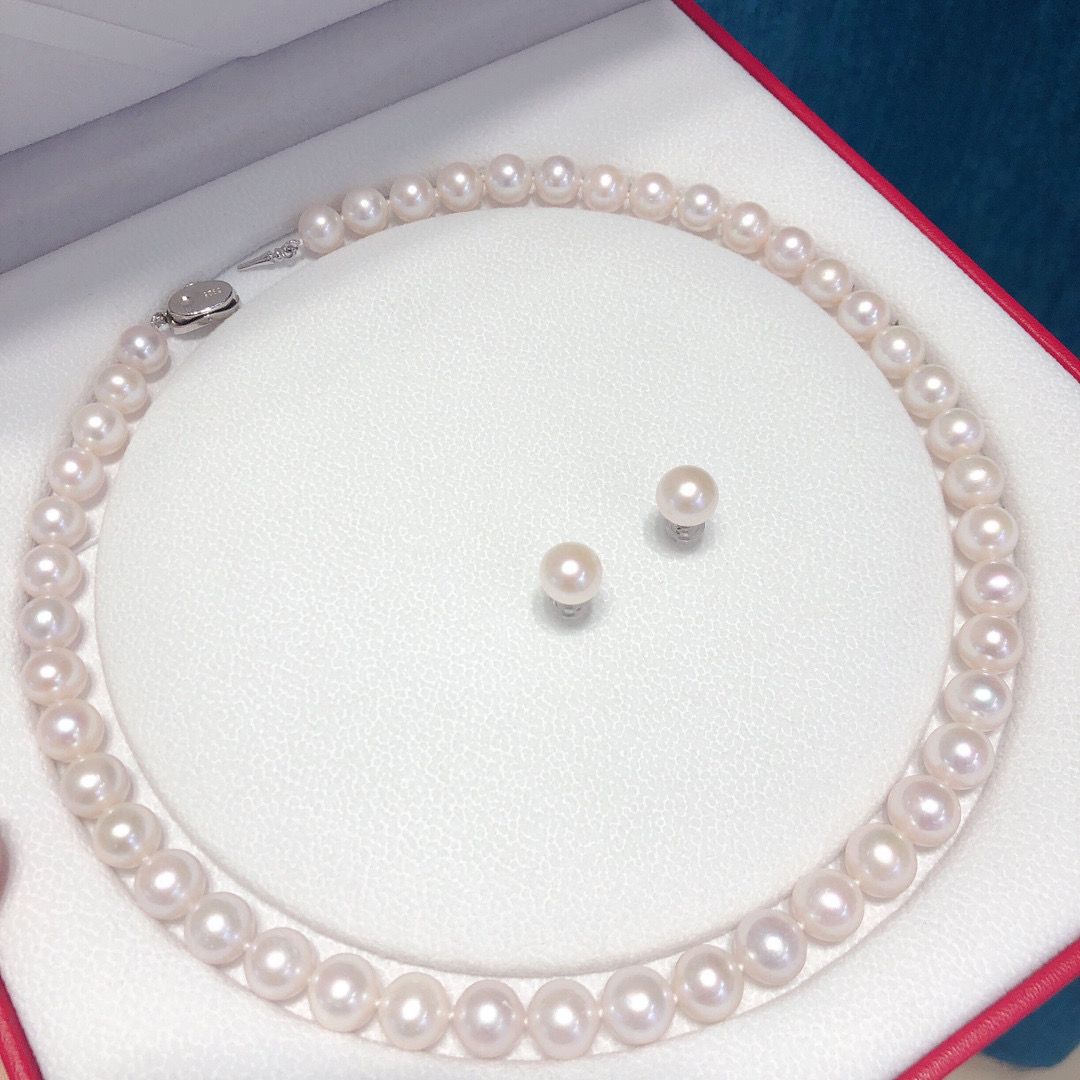 22090106 Collar de joyería de perlas para mujer Pendientes de bolas de agua dulce de 9-10 mm Espárragos de plata esterlina 925 Hebilla de bloqueo colgante clásico debe tener una idea de regalo