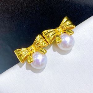 22090905 Diamondbox -Jewelry oorbellen Ear Buds White Pearl Sterling 925 Silver Bow Knot Ribbon aka 6,5-7 mm Rond Gift Girl Au750 Geel goud Geplateerd mooi