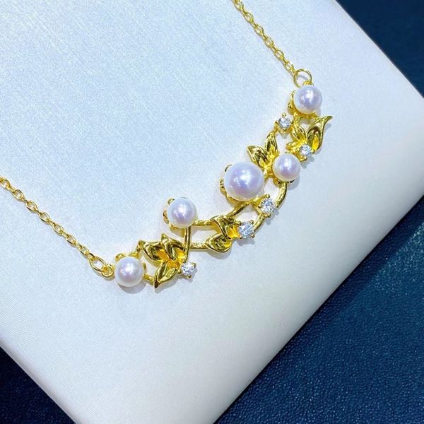 2209102 Collier de bijoux de perles pour femmes alias 4 à 6 mm Fleurs pendantes Chocker 40 45cm AU750 18K Jaune Gold 284X