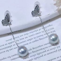 22091712 Diamondbox -Jewelry pendientes tipo botón plata gris PERLA plata de ley 925 mariposa circonitas diamantes de imitación largo akoya colgante redondo de 9 mm idea de regalo sexy