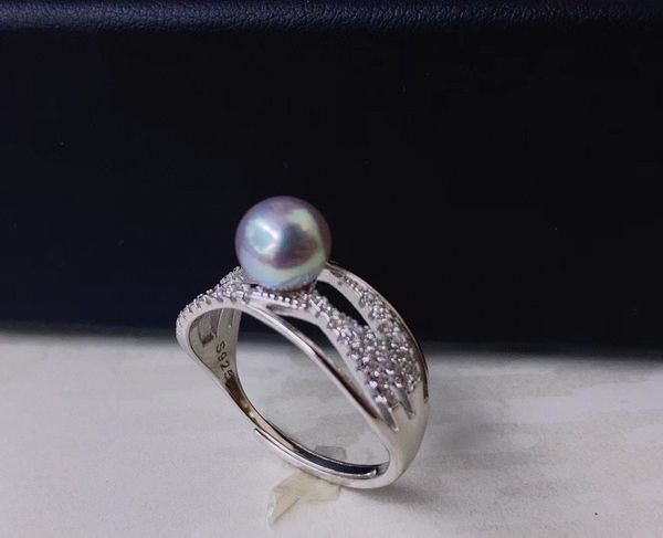 22092409 Diaomondbox Bague à bijoux 6-7mm akoya gris perle argent sterling 925 zircone strass creux réglable dentelle royal style vintage