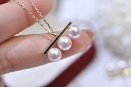 22092602 Collier de bijoux en perles pour femmes akoya 7-8mm trois pendentifs ras du cou plaqué or jaune 18 carats cadeau de fille anniversaire élégant géométrique LL