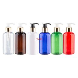 Bouteilles en plastique rondes colorées vides de 220 ml avec pompe à vis en aluminium doré 12pcs bouteille de lotion pour animaux de compagnie utilisée pour le paquet Gelgood douche shampooing Hwrl