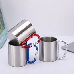 220ml Isolating Travel Mug Double Wall Stainless Steel Outdoor Children Cup Carabiner Hook Handle Heat Resistance