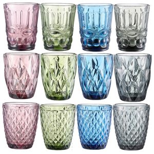 220 ml Vino Cerveza Vasos de agua Taza Vasos de vidrio de colores con patrón vintage de diamante En relieve Beber romántico Champán Bebidas para fiesta Festival de bodas