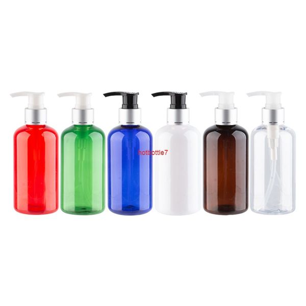 220ml x 12 Botellas de bomba de tornillo de mascotas azules transparentes de color rojo plateado con cuello de aluminio plateado Plastic Shampoo ContenedoresHight Qualtity