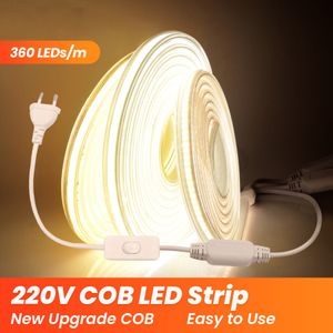 Bande lumineuse LED COB 220V, avec interrupteur, prise d'alimentation, 360LED/m, Super lumineux, étanche, CRI 90, éclairage linéaire, ruban LED Flexible