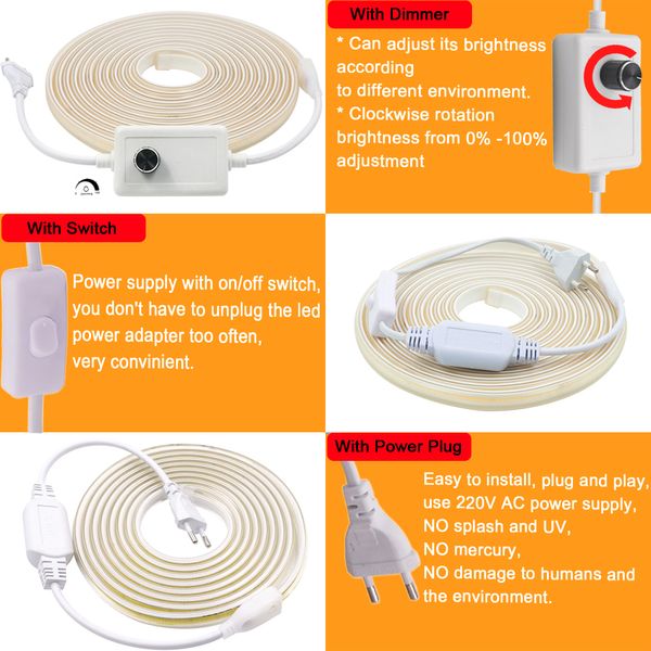 Luz LED LED de mazorca de 220V Ligera lineal Dimmable 288led/m Lámpara LED flexible ajustable con kit de alimentación de atenuación del interruptor