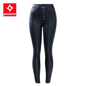 2218 Youaxon EU-maat Hoge taille Zwart luipaardpatroon PU-jeans Dames Stretch Skinny Denim Jean-broek Plus-maat jeans voor dames 240315