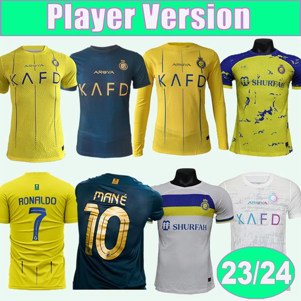 2023 24 Al Nassr Version du joueur de football Jerseys de football à manches longues RONALDO Accueil Version jaune Extérieur 3ème Vêtements d'entraînement Chemise à manches courtes Uniformes pour adultes