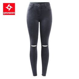 2232 Youaxon Nuevo tamaño de la UE Gris oscuro Jeans rasgados Mujeres Tallas grandes Elástico Denim Lápiz Pantalones flacos Pantalones para mujeres 201223