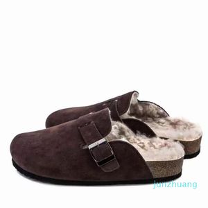 2234 mode hiver fourrure pantoufle en cuir Mule sabots pantoufles longue peluche chaud intérieur doux liège boucle diapositives chaussures pour femmes208E