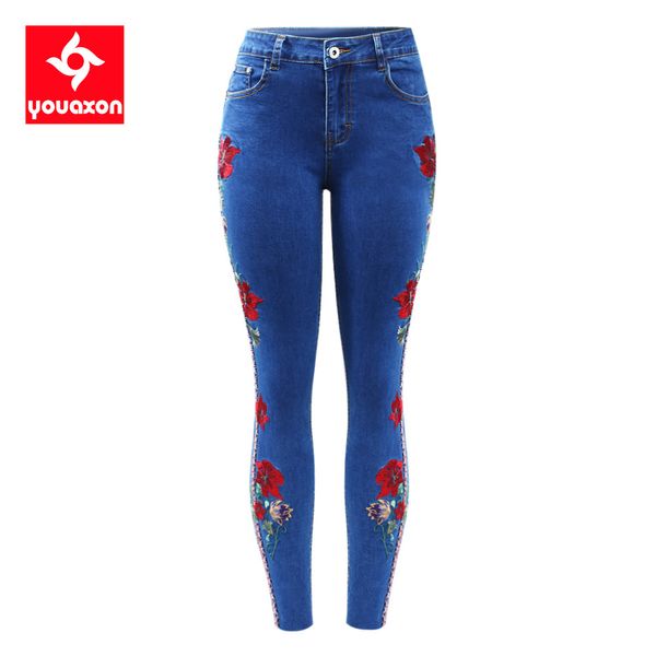 2234 Youaxon nouveau arrivé taille européenne broderie fleur jeans femmes stretch drapeau britannique bande latérale denim pantalon skinny jeans pour femmes 201105