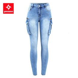 2237 Youaxon classique plusieurs poches jean femme Ultra extensible Denim Cargo pantalon jean pour femme 231228