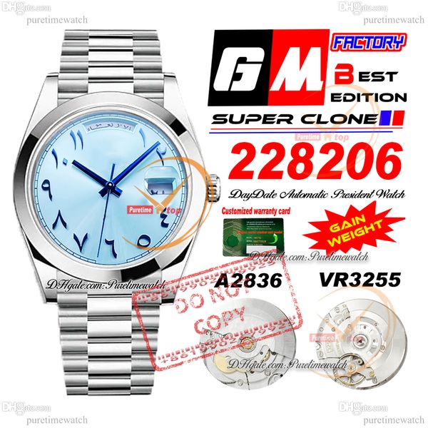 228206 Daydate A2836 VR3255 Automatic Mens Watch GMF V3 Ice Blue Arabic Dial 904L President Bracelet Super Edition Même carte de série Gain Weight Putetime PTRX