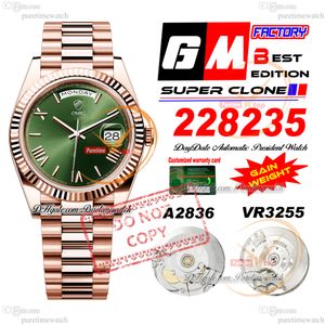 228235 Día A2836 VR3255 Reloj automático de hombres GMF V3 Rose Gold Green Dial romano 904L Presidente de acero Bracelet Super Edition misma Tarjeta Gane Peso Pureciente F2
