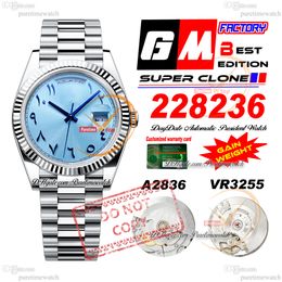 228236 Daydate A2836 VR3255 Automatic Mens Watch GMF V3 Ice Blue Arabic Dial 904L President Bracelet Super Edition Même carte de série Gain Weight Putetime PTRX