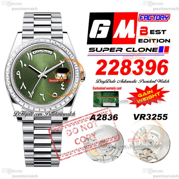 228396 Daydate A2836 VR3255 Automatic Mens Watch GMF V3 météoriate Baguette Diamond Bezel Green Arabic Dial 904L Bracelet en acier Super Edition