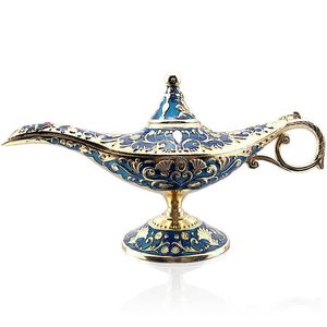 22 cm elegante vintage metalen gesneden aladdin lamp licht inge thee olie pot decoratie figuren besparen collection arts craft geschenk 210607