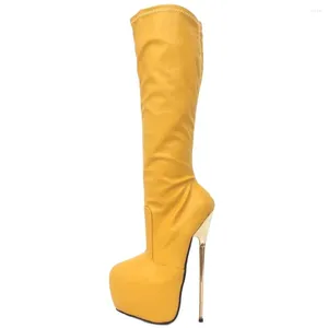 22Cm genou-bottes Super femmes talon haut plate-forme Stiletto solide brillant en cuir verni Zip femmes Sexy fétiche chaussures 68957