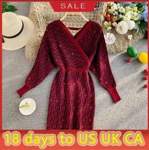 22FF Nuevos vestidos de mujer de otoño e invierno de punto de lana con cuello en V sexy manga larga Europa Estados Unidos vendiendo vestido casual de gran tamaño92WP