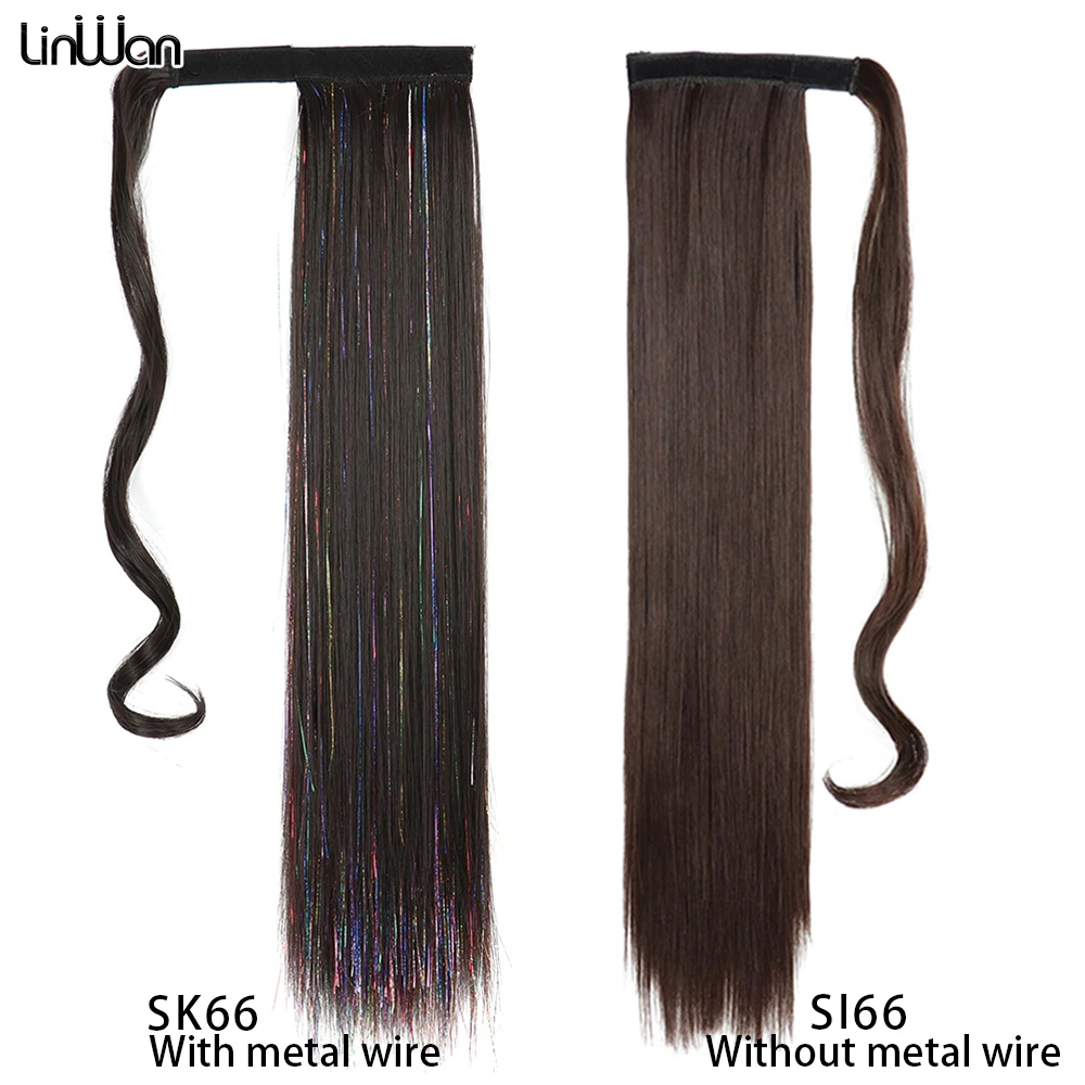 22 inç uzunluğunda düz sentetik saç uzantıları Sarma At kuyruğu Saçları Kadınlar için Klip At kuyruğu saç parçaları kahverengi siyah renk