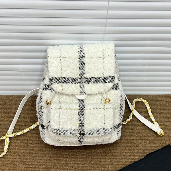 22K Womens Wool Tweed Drawstring Backcpack Bucket Bags F / W Gran capacidad Outdoor Gold metal Hardware Matelasse Chain Shoulder Pocket Diseñador Bolsos 24X21X10CM