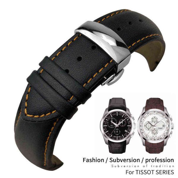Bracelet en cuir véritable à extrémité incurvée pour hommes, 22mm, 23mm, 24mm, adapté à Tissot T035617, bracelet en cuir de vache, fermoir papillon, H220419