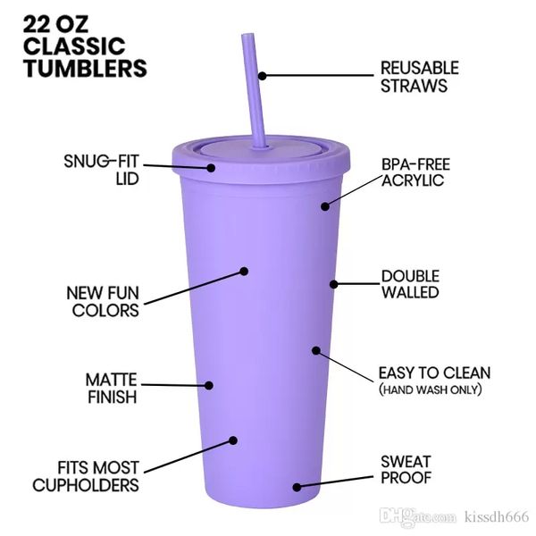 Los vasos de acrílico coloreado mate de la taza 22OZ con las tapas y la paja doblan el vaso reutilizable plástico de la pared