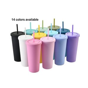 22oz plastic waterbeker dubbele wand plastic koffie mok acryl dunne watertuimelaar bpa gratis plastic beker 14 kleuren mat water fles