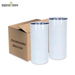 22oz Sublimatie Straight Fatty Tumbler Naad Roestvrijstalen Cup met Matal Straw Deksels Dubbele Muur Geïsoleerde Koffie Mokken Warmteoverdracht Waterflessen voor Drinken