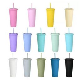 22oz tuimelaars matte mok gekleurde acryl tuimelaar met deksels en rietjes dubbele wand plastic herbruikbare cup t0525a4