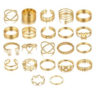 Lot de 22 bagues épaisses en forme de dôme doré pour femme - Plaqué or 18 carats - Chevalières rondes torsadées réglables - Bague ouverte - Bijoux de déclaration - Taille 7-9