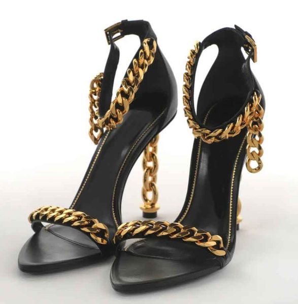 Tacones de cadena para mujer Sandalias TF Fords Zapatos de charol de becerro Correa de cadena de tobillo Candado Punta puntiaguda desnuda Oro Blanco Negro Mujer Bombas de tacón alto