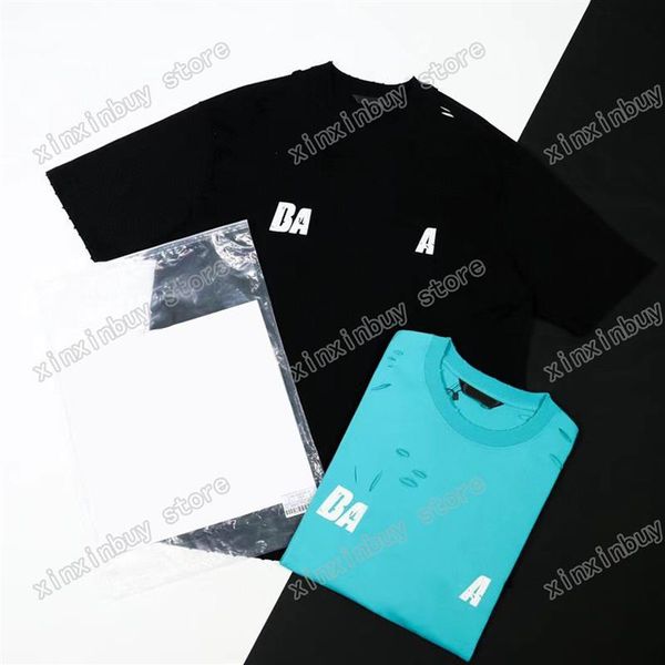 22SS Men Femmes Designers T-shirts Tee Paris Paris détruit Tie Dye Sleette courte Crew Neck Streetwear Black White Gris Xinxinbuy XS-L194U