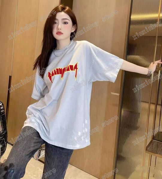 22SS Femmes Designers T-shirts Graffiti Ice Crack Lettre Coton à manches courtes Col rond Streetwear Noir Blanc Xinxinbuy S-2XL