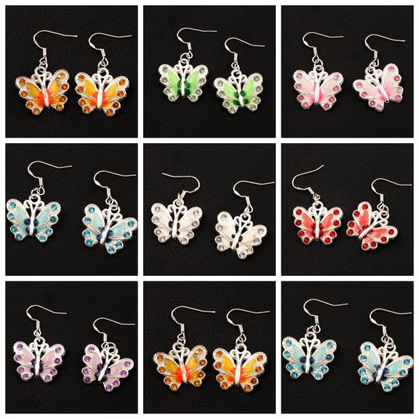 Pendientes de araña colgantes de mariposa con diamantes de imitación esmaltados, gancho de oreja de pez plateado 925, 21 par/lote, joyería de 7 colores E1559 22x37mm