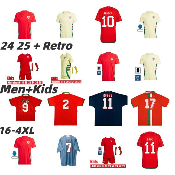 24 25 Camisetas de fútbol de Gales JAMES BALE Camiseta de fútbol galesa N.WILLIAMS RODON T.ROBERTS CABANGO LEVITT MOORE THOMAS Hombres Niños Euro JOHNSON Copa del equipo nacional uniforme retro