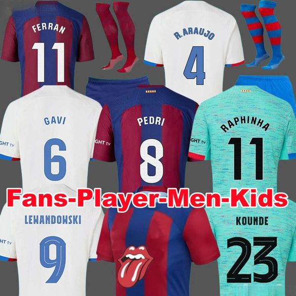 23 24 Camisetas de Soccer Jerseys PEDRI LEWANDOWSKI GAVI Barcelone 2023 2024 FC BALDE FERRAN RAPHINHA DEST Maillot de football Hommes Barca Kit Enfants