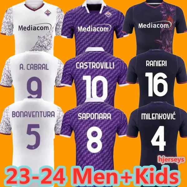 23 24 Fiorentina Soccer Jerseys J. IKONE 2023 2024 CASTROVILLI ERICK Florence Jersey ACF BIRAGHI JOVIC A. CABRAL Milenkovic C KOUAME SOTTIL Hommes Enfants Kit Maillot de Football