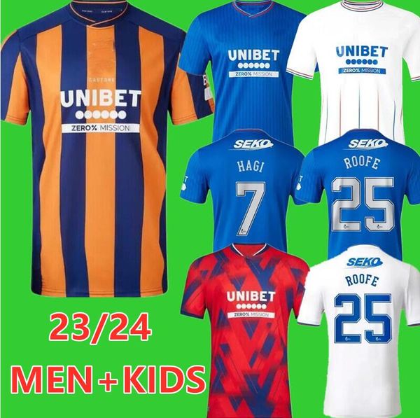 23 24 Glasgow Rangers Jerseys de fútbol 2023 2024 Azul Sakala Kent Tavernier Morelos Morelos Cola de fútbol Camisa de fútbol para hombres Kit de niños Versión del jugador Camiseta Tavernier